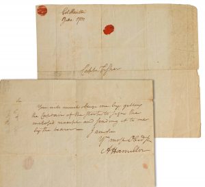 Two different views of a letter handwritten by Alexander Hamilton.