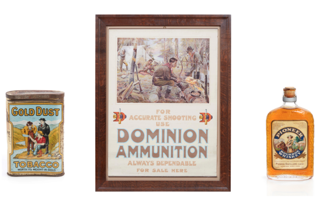 Gold Dust Tobacco, Dominion Ammunition Poster, Pioneer Whiskey Bottle