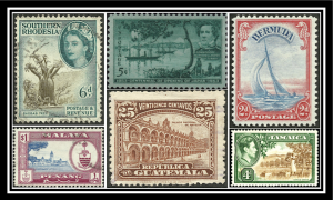 Composite of six different vintage postage stamps in various colors from around the world.