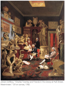 Antique oil painting by Johann Zoffany from 1782, entitled, 'Charles Townley and Friends in His Library at Park Street, Westminster'. There are four 18th century men depcited, sitting in a library surrounded by a variety of sculptures and a bookcase.