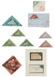 Composite image of various triangular-shaped postage stamps in various colors from around the world.