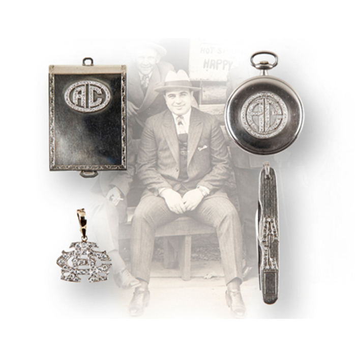 Composite image featuring a partially-opaque image of Al Capone in the middle and four of Al Capone's personal belongings placed around the image.