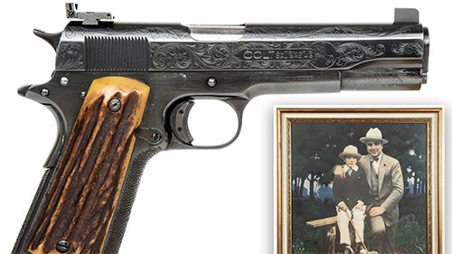 Composite shot featuring two items. On the left is a close-up of Al Capone's 'favorite' Colt pistol, and on the right is a colorized version of a photo of al Capone with his young son.