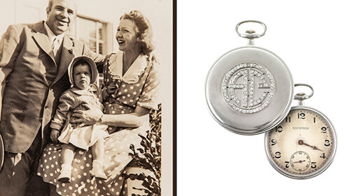A composite image. On the left is a black and white family photo of Al Capone with his wife and young child. On the right is a close-up of two views of Al Capone's diamond-encrusted poketwatch.