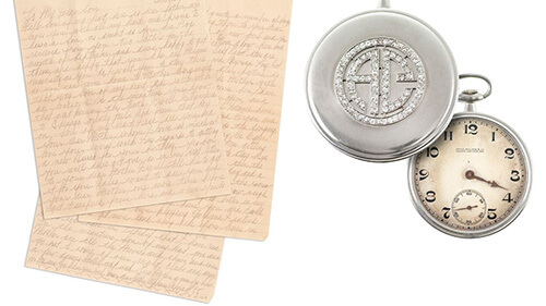 Composite image featuring a handwritten letter on the left, and Al Capone's diamond-encrusted pocketwatch on the right.